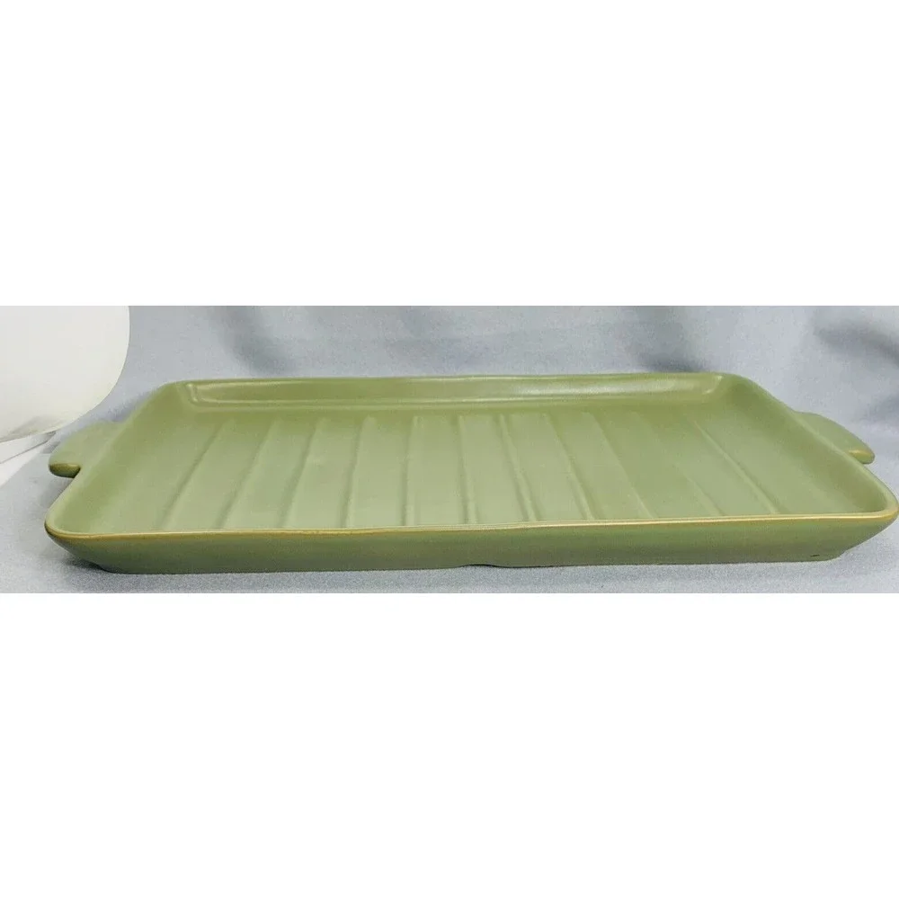 Longaberger Flameware SAGE Grill Pan Pottery Server Cookware 18" x 10" Green - Picture 12 of 14